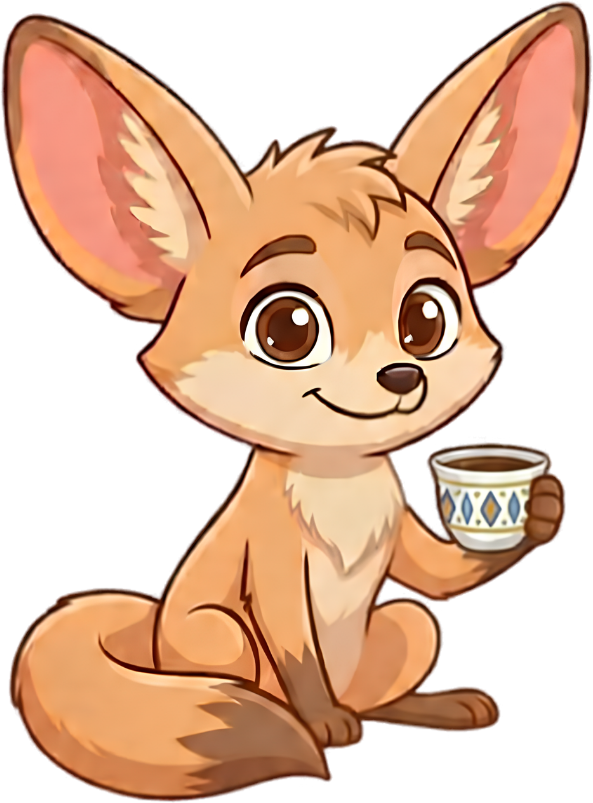 Fanak, Isma’s fennec fox, holding a small cup of coffee